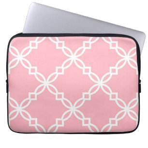 Roze Wit Groot Fancy Quatrefoil Patroon Laptop Sleeve