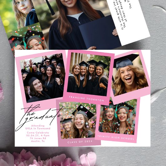 Roze Wit High School COLLAGE Foto Afstuderen Aankondiging