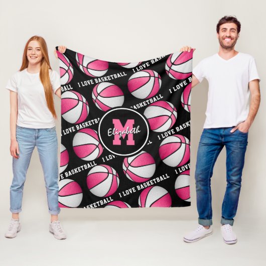 roze wit Ik hou van basketbal meisje's sportkamer Fleece Deken (In situ)