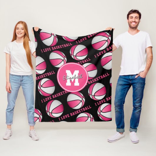 roze wit Ik hou van basketbal meisje's sportkamer Fleece Deken (In situ)
