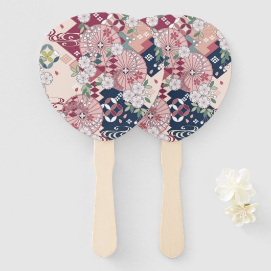  Roze Wit Japans Kimono Bloembloem Handwaaier (Voorkant en achterkant)