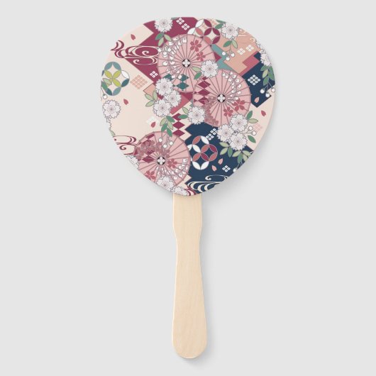  Roze Wit Japans Kimono Bloembloem Handwaaier (Achterkant)