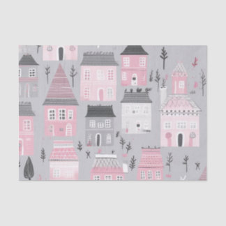 Roze Wit Kerst Huizen op Grijs Tissuepapier