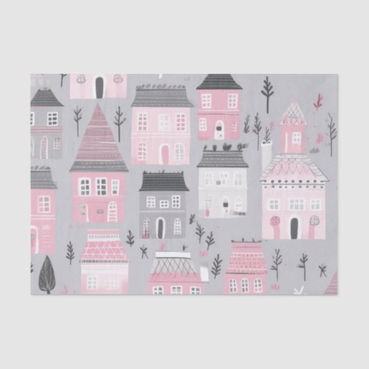 Roze Wit Kerst Huizen op Grijs Tissuepapier (Voorkant)
