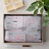 Roze Wit Kerst Huizen op Grijs Tissuepapier (Geschenk)