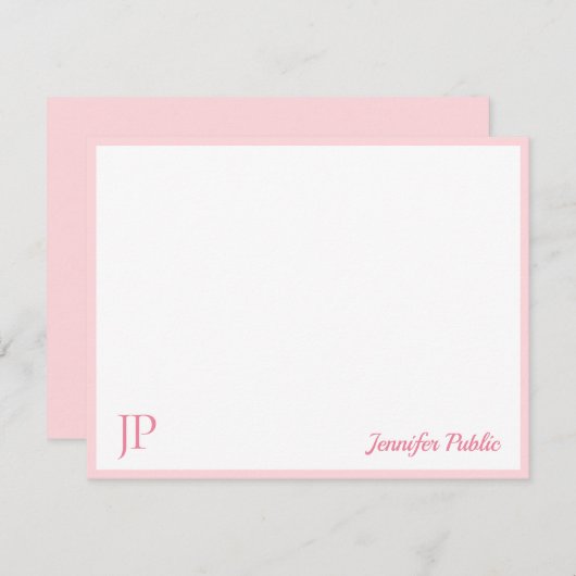 Roze Wit Klassiek Handgeschreven Script Monogram Notitiekaartje (Voorkant / Achterkant)