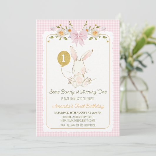  Roze Wit Konijn 1e Verjaardag Kaart (Staand voorkant)
