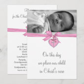 Roze Wit Kruis Baby Meisje Foto Doop Kaart (Voorkant / Achterkant)