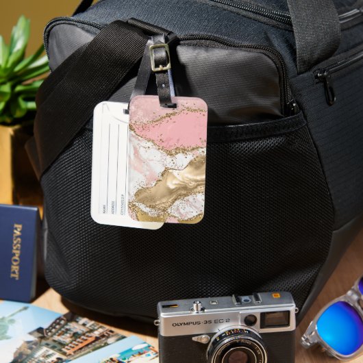 Roze Wit Marmer Gouden Glitter Bagagelabel (Voorkant & Achterkant)