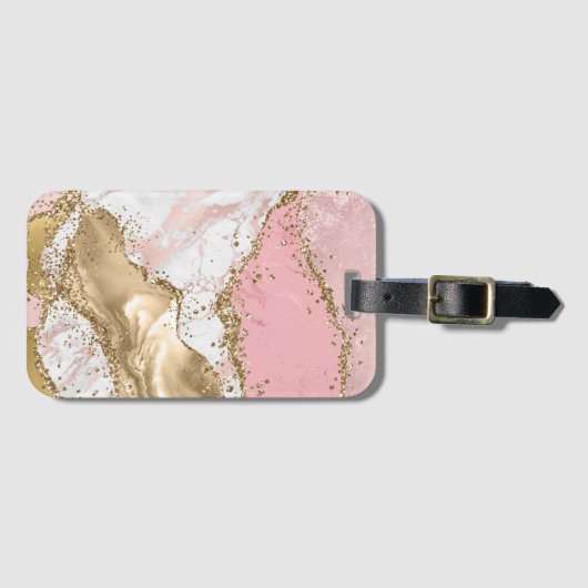 Roze Wit Marmer Gouden Glitter Bagagelabel (Voorkant (horizontaal))