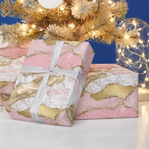 Roze Wit Marmer Gouden Glitter Cadeaupapier