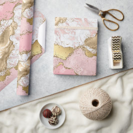 Roze Wit Marmer Gouden Glitter Cadeaupapier