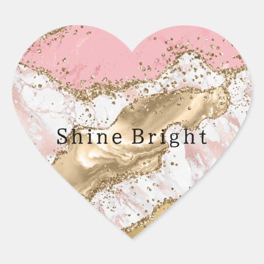 Roze Wit Marmer Gouden Glitter Hart Sticker (Voorkant)