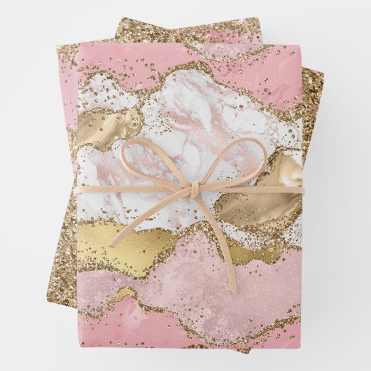 Roze Wit Marmer Gouden Glitter Inpakpapier Vel (In situ)