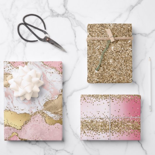 Roze Wit Marmer Gouden Glitter Inpakpapier Vel (Voorkant)