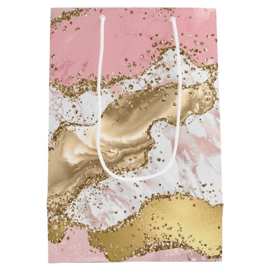 Roze Wit Marmer Gouden Glitter Medium Cadeauzakje (Achterkant)