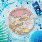 Roze Wit Marmer Gouden Glitter Papieren Bordje (Feest)