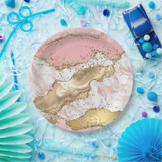 Roze Wit Marmer Gouden Glitter Papieren Bordje (Feest)