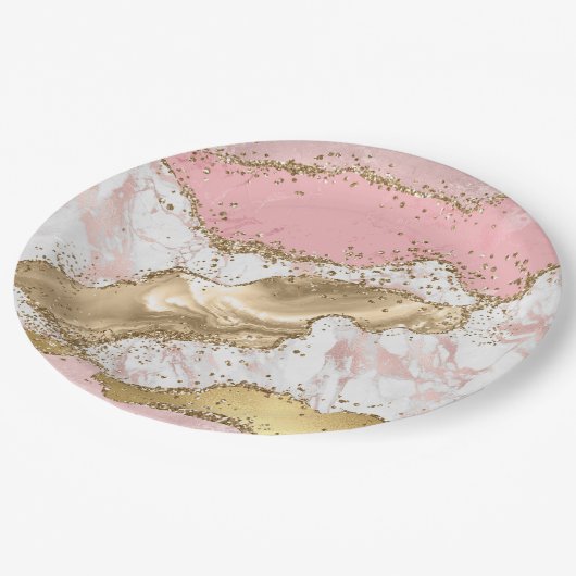 Roze Wit Marmer Gouden Glitter Papieren Bordje (Gekanteld)