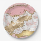 Roze Wit Marmer Gouden Glitter Papieren Bordje (Voorkant)