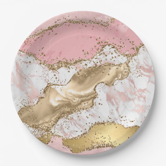 Roze Wit Marmer Gouden Glitter Papieren Bordje (Voorkant)