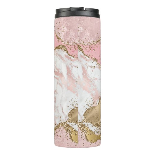 Roze Wit Marmer Gouden Glitter Thermosbeker (Achterkant)