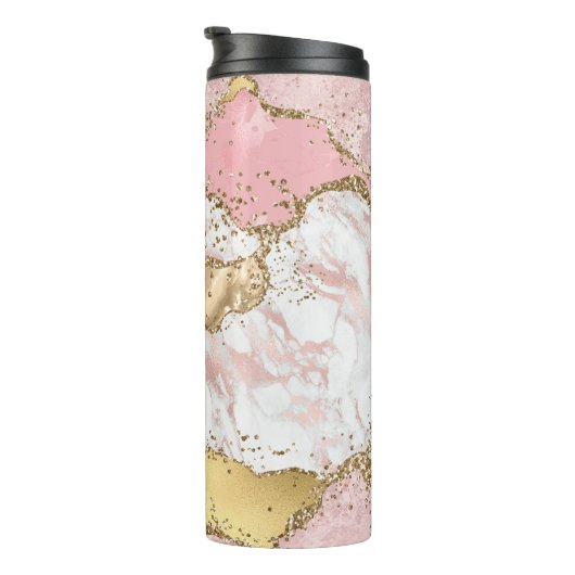Roze Wit Marmer Gouden Glitter Thermosbeker (Geroteerd rechts)