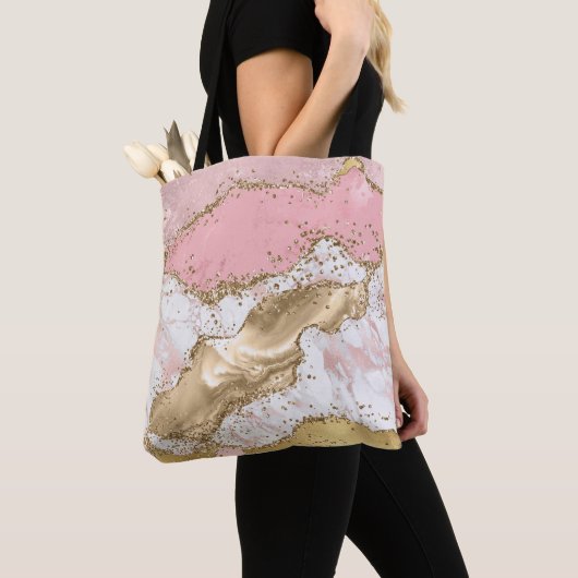 Roze Wit Marmer Gouden Glitter Tote Bag (Dichtbij)