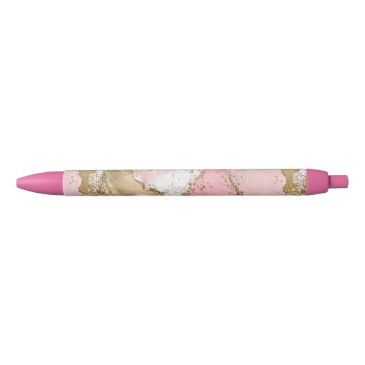 Roze Wit Marmer Gouden Glitter Zwarte Inkt Pen (Voorkant)