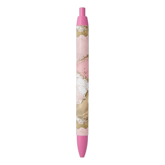 Roze Wit Marmer Gouden Glitter Zwarte Inkt Pen (Voorkant Verticaal)