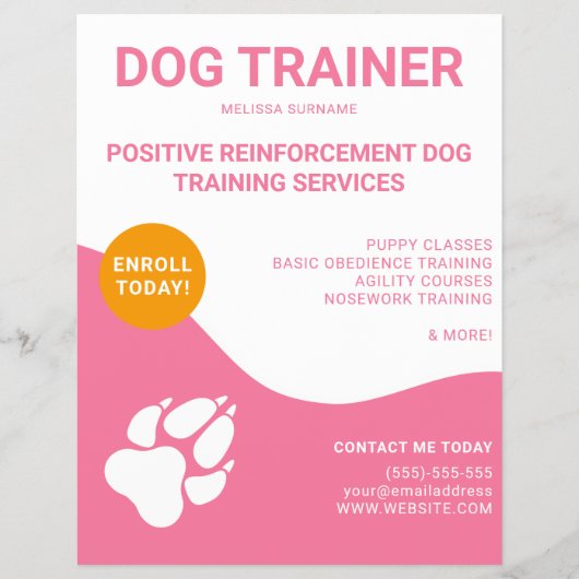 Roze & Wit Met Oranje & Hondpoot - Hondentrainer Flyer (Voorkant)