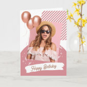 Roze Wit Minimalist Happy Birthday Gevouwen Kaart (Gele Bloem)