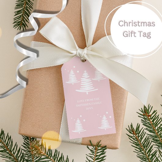 Roze Wit Minimalistische Kerstbomen Cadeaulabel