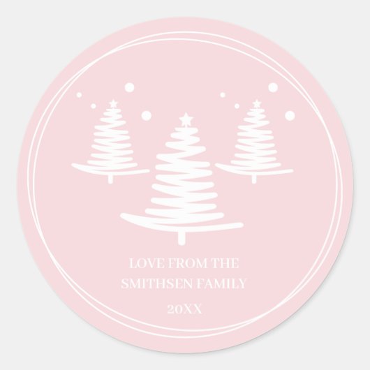 Roze Wit Minimalistische Kerstbomen Ronde Sticker (Voorkant)