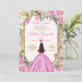 Roze & Wit Mis Quince 15 Anos Gouden Kroon Kaart (Staand voorkant)