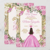 Roze & Wit Mis Quince 15 Anos Gouden Kroon Kaart (Voorkant / Achterkant)