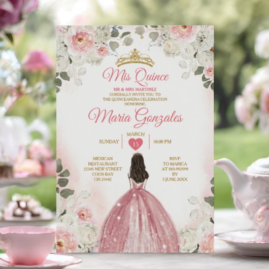 Roze & Wit Mis Quince 15 Anos Gouden Kroon Kaart