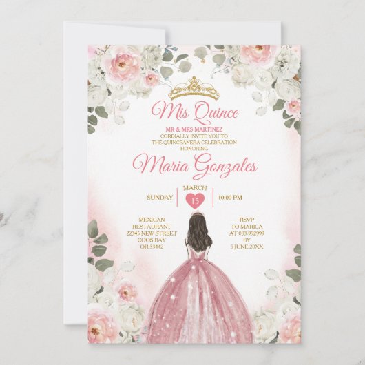 Roze & Wit Mis Quince 15 Anos Gouden Kroon Kaart (Voorkant)