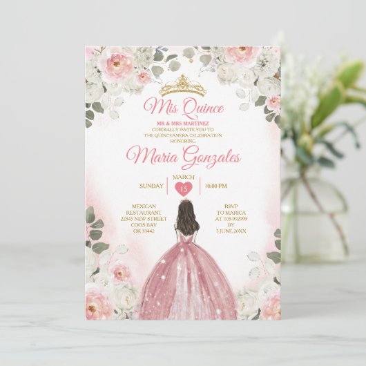 Roze & Wit Mis Quince 15 Anos Gouden Kroon Kaart (Staand voorkant)