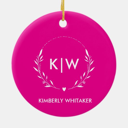 Roze & Wit Moderne Initialen Monogram FOTO Keramisch Ornament (Achterkant)