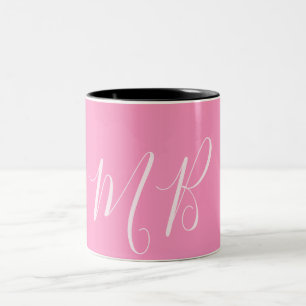 Roze & Wit Monogram Naam initialen Tweekleurige Koffiemok