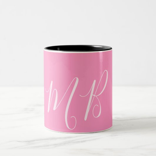 Roze & Wit Monogram Naam initialen Tweekleurige Koffiemok (Center)