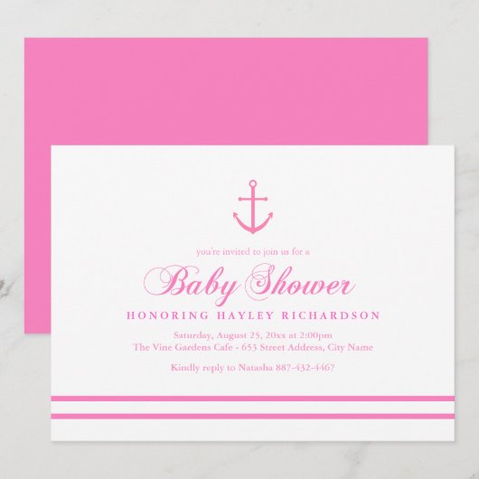 Roze & Wit Nautisch Baby shower Uitnodigen Kaart (Voorkant / Achterkant)