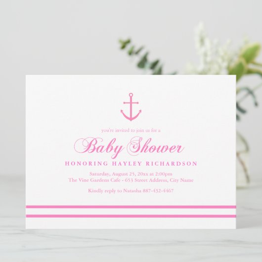 Roze & Wit Nautisch Baby shower Uitnodigen Kaart (Staand voorkant)