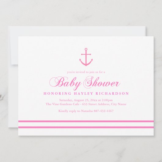 Roze & Wit Nautisch Baby shower Uitnodigen Kaart (Voorkant)