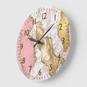 Roze & Wit & Nep Goud Glitter Agate Monogram Grote Klok (Hoek)