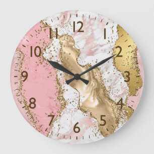 Roze & Wit & Nep Goud Glitter Agate Monogram Grote Klok
