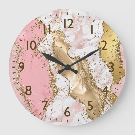 Roze & Wit & Nep Goud Glitter Agate Monogram Grote Klok (Voorkant)