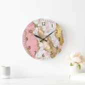 Roze & Wit & Nep Goud Glitter Agate Monogram Grote Klok (Huis)