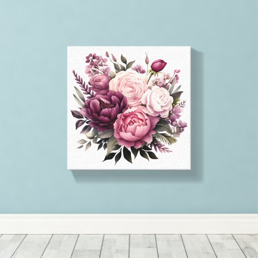 Roze Wit Paarse Roos Pioenrozen Bloembloem Canvas Afdruk (Insitu (Houten vloer))